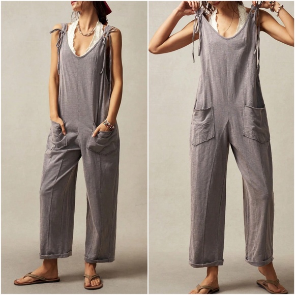 Solid Grey Shoulder tie Loose Fit Straight leg Jumpsuit - Picture 2 of 5